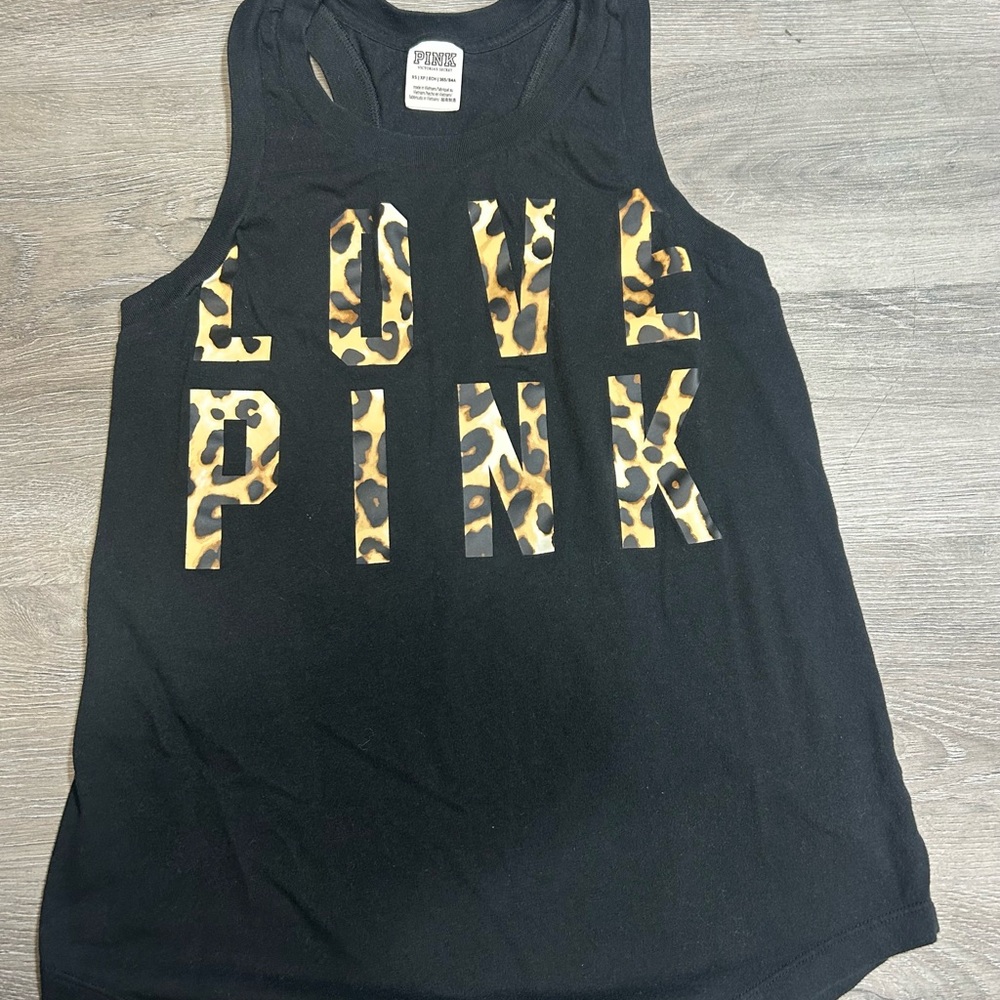 PINK Victoria's Secret Black Racerback Tank with Leopard Lettering